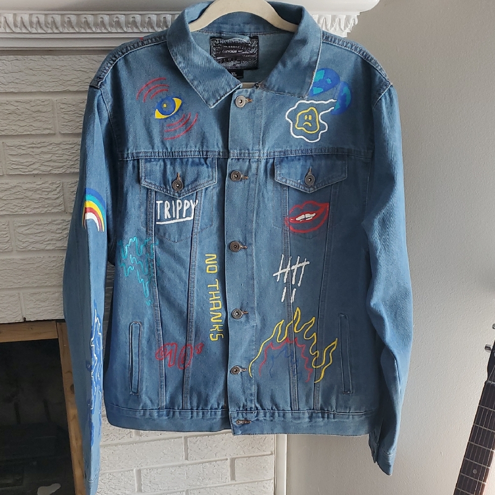 NWT Brooklyn Cloth Men's Blue Denim Cotton Jacket with Artistic Prints Sz XL